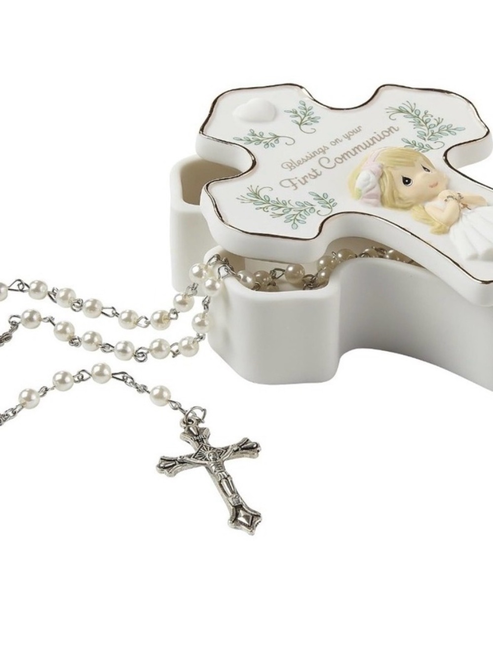Precious moments First Communion Cross Jewelry Box with Pearl Rosary - White